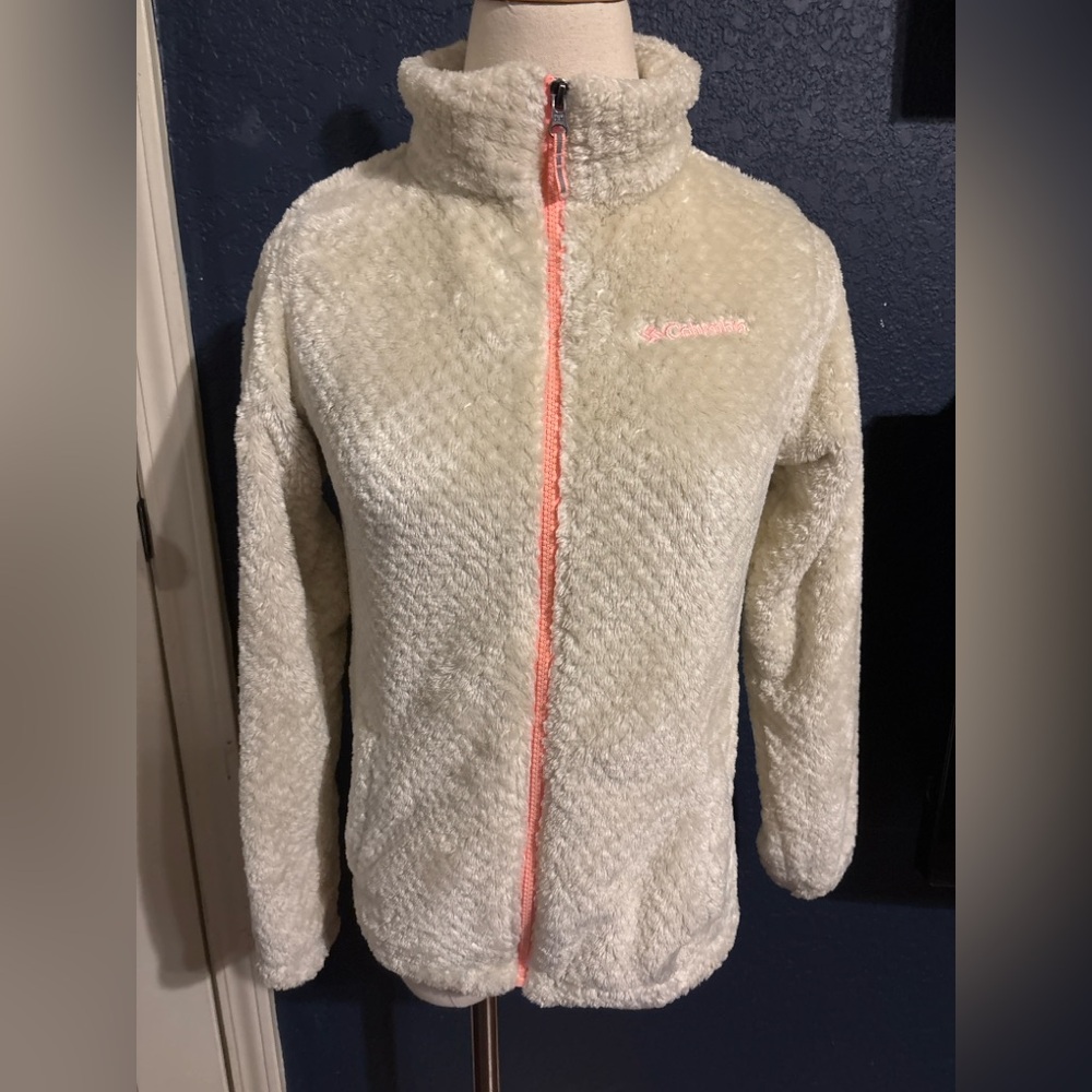 Columbia Girls Fleece Jacket Youth Large 14-16‎ White Pink Zip Up Cozy Teddy